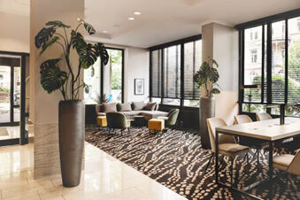 A spacious seating area in Leonardo Hotel Heidelberg City Center with a large plant, modern chairs, a sofa, and windows with blinds