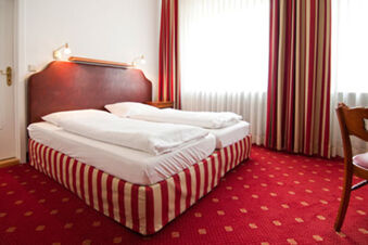 Kamar double yang cerah di Gasthaus Backmulde - Hotel dengan karpet merah bergaris, dinding putih dan jendela besar dengan tirai.