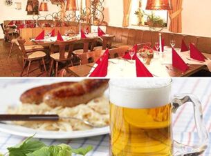 Dining area with wooden furniture and red folded napkins at Gasthof zur Sonne and a plate with sausage and beer