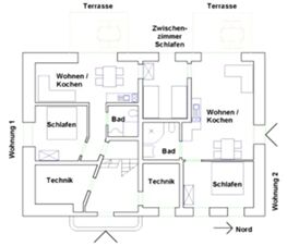Grundriss der Wohnungen 1 und 2 mit Wohn- und Kochbereich, Schlafr&auml;umen, B&auml;dern, Technikr&auml;umen und Terrassen im Landgasthof-Pension Limbacher M&uuml;hle.