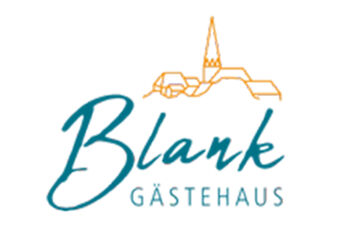 Logo of G&auml;stehaus Blank with the name in blue script and a simple orange outline of buildings with a church steeple above the text