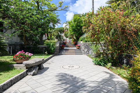 Sunlit tiled pathway with stone stairs lined by various plants and flower pots at B&B HOTEL Ischia San Nicola