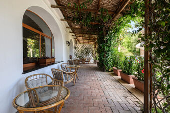 Outdoor patio of B&B HOTEL Ischia San Nicola with glass tables, rattan chairs, white walls, wooden window, and greenery on pergola