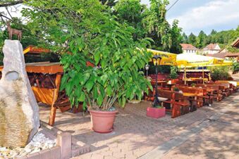 Pivn&aacute; z&aacute;hrada s dreven&yacute;mi lavičkami a žlt&yacute;mi slnečn&iacute;kmi vo vonkaj&scaron;om are&aacute;li hotela Gasthaus Zur Linde Diersburg, obklopen&aacute; stromami a rastlinami.