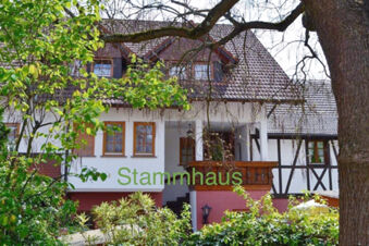 Traditional white and brown half-timbered building surrounded by green trees at Hotel Gasthaus Zur Linde Diersburg