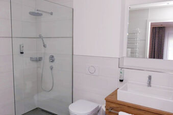 A modern bathroom in Hotel Gasthaus Zur Linde Diersburg with a glass shower, white toilet, wooden sink cabinet, and a large mirror