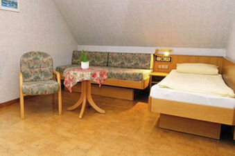 &Uacute;tuln&aacute; izba pre host&iacute; s jednol&ocirc;žkom, pohovkou a stolom s kvetmi v hoteli Gasthaus Zur Linde Diersburg v jednoduchom &scaron;t&yacute;le.