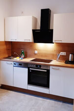 Modern kitchen setup with white cabinets, black oven, stovetop, sink, and kettle with wood paneling at Hotel Gasthaus Zur Linde Diersburg