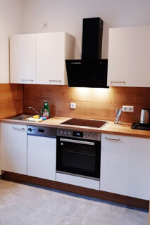 Modern kitchen setup with white cabinets, black oven, stovetop, sink, and kettle with wood paneling at Hotel Gasthaus Zur Linde Diersburg