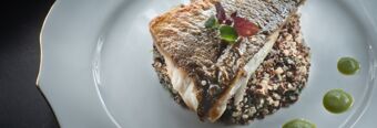 Cooked fish fillet with crispy skin on a bed of quinoa served with green sauce drops on a white plate at NH Collection Roma Centro