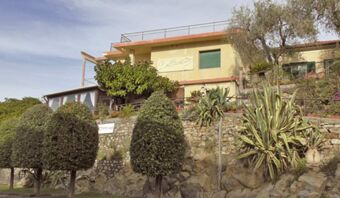 Yellow two-story building with green windows and a garden with trimmed bushes at Pensione Ristorante Bellavista