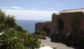 Vista del mare e degli edifici storici con piante in primo piano presso la Pensione Ristorante Bellavista in una giornata di sole.