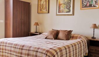 A bedroom at Pensione Ristorante Bellavista with a double bed covered by a brown plaid blanket and two pillows