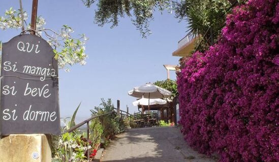 Outdoor dining area with umbrellas and chairs along a path, large pink flowers and a sign at Pensione Ristorante Bellavista