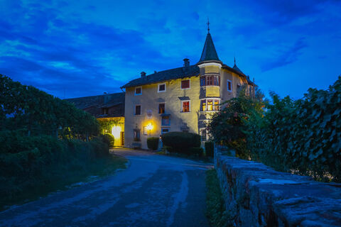 Evening view of the illuminated historic building and surrounding greenery at Hotel Ansitz Tschindlhof under a blue sky