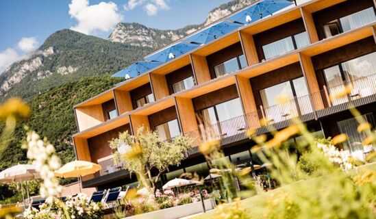 Hotel THALHOF am See with balconies, outdoor seating, umbrellas, sun loungers, flowers, and mountains in the background