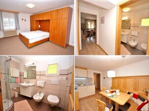 Verschiedene Innenansichten der Unterkunft Bauernhof Villgrater am Ort mit Schlafzimmer, Badezimmer, Essbereich und Flur in warmen Holzt&ouml;nen.
