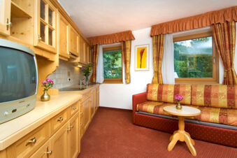Living area with wooden cabinets, vintage TV, patterned sofa, small round table, curtains, and windows in Hotel Gasthof Borest & Residence Riposo