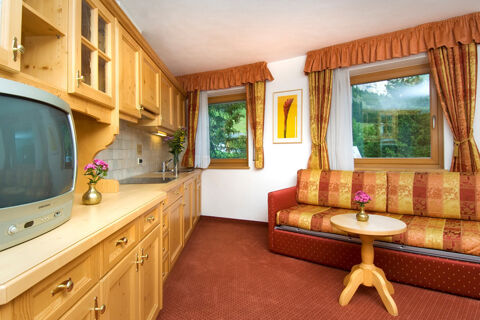 Living area with wooden cabinets, vintage TV, patterned sofa, small round table, curtains, and windows in Hotel Gasthof Borest & Residence Riposo