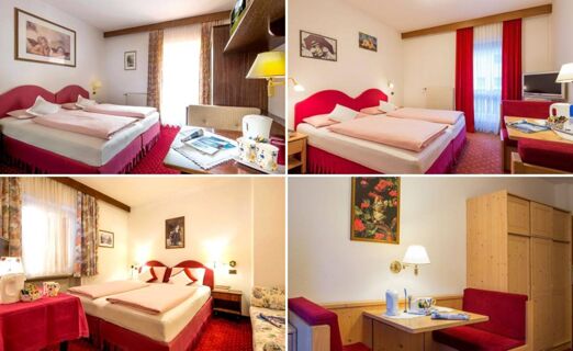 Vues int&eacute;rieures de plusieurs chambres de l'h&ocirc;tel Maria avec des lits rouges, un mobilier confortable et des bureaux avec une machine &agrave; th&eacute; et &agrave; caf&eacute;.