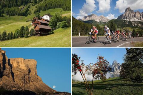 Diff&eacute;rents paysages avec des montagnes, des cyclistes et des arbres qui montrent la nature autour de l'h&ocirc;tel Maria.