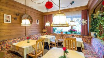 Wood-paneled dining area at Hotel Maria with wooden chairs, patterned bench seating, hanging lamps, and small plants on tables and window sill