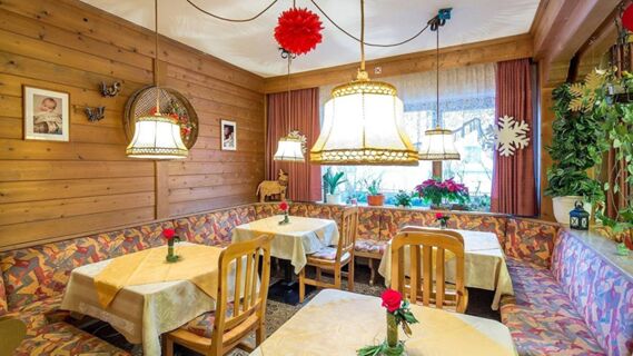 Wood-paneled dining area at Hotel Maria with wooden chairs, patterned bench seating, hanging lamps, and small plants on tables and window sill