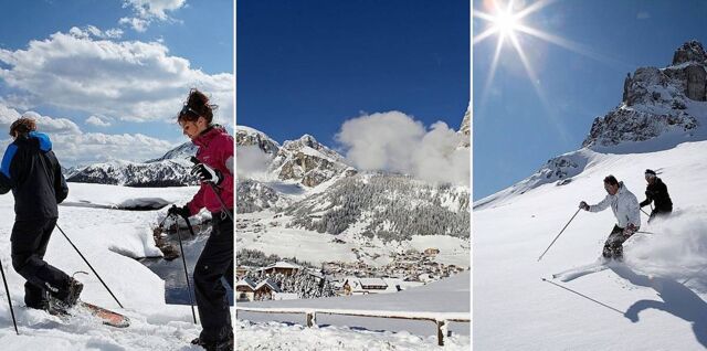 Paysage hivernal avec skieurs, montagnes enneig&eacute;es et village dans la vall&eacute;e, montre les activit&eacute;s et la vue depuis l'h&ocirc;tel Maria.