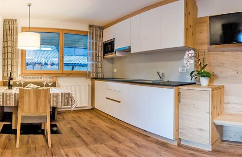 Modern&iacute; kuchyně s j&iacute;deln&iacute;m stolem, dřevěnou podlahou a TV v rekreačn&iacute;m bytě Residence Flamingo s velk&yacute;m oknem.