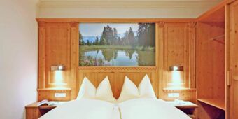 Mysigt rum p&aring; Hotel Schwarzenbach med tr&auml;v&auml;ggar, dubbels&auml;ng och en stor naturbild som dekoration.