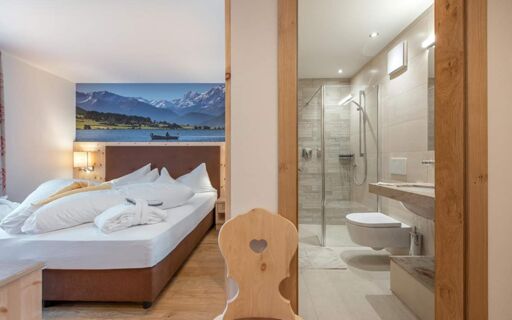 A hotel room at Hotel Theiner featuring a neatly made bed, wooden furniture, and an open view into a modern bathroom with a glass shower and toilet