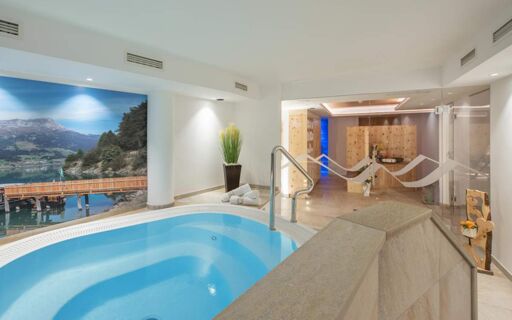 De modern ontworpen wellnessruimte met whirlpool en natuurfoto aan de muur in Hotel Theiner zorgt voor ontspanning.