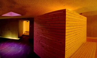 Interior of a room with wooden paneling and benches under warm lighting showcasing part of Hotel Alpenhof's relaxing space