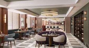 Dining area with circular and rectangular tables, upholstered chairs, modern ceiling lights, and a bar at Tivoli Tivoli President Milano Hotel