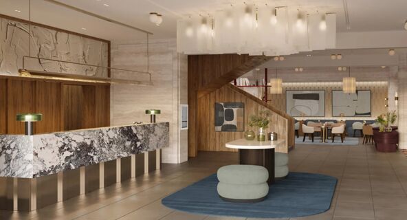 Modern hotel lobby interior at Tivoli Tivoli President Milano Hotel featuring a marble reception desk, wooden accents, seating area, and abstract art