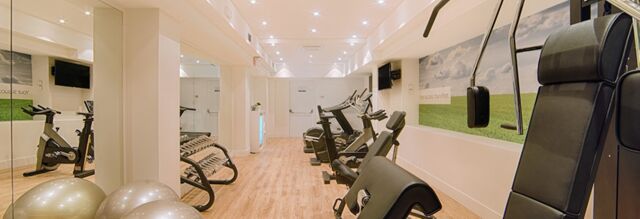 Fitness room with exercise bikes, weight bench, dumbbells, exercise balls, and wall mural at Hotel NH Collection Milano Touring