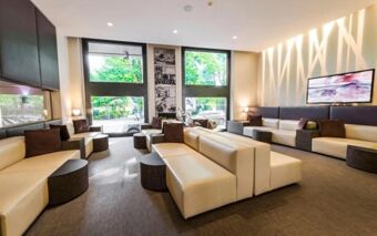 Bright hotel lounge at Hotel Manin with white leather sofas, brown cushions, round side tables, and large windows showing trees outside