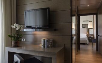 A flat-screen TV mounted on a wood-paneled wall above a desk with books and a flower pot in a room at Starhotel E.c.h.o