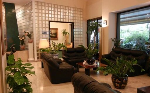 A seating area with black leather sofas and various potted plants in the lobby of Hotel Delle Nazioni