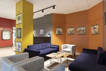 Seating area in B&B Hotel Como City Center with blue and white armchairs, coffee tables, and walls decorated with bird and plant paintings