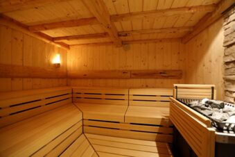 Innenansicht einer gem&uuml;tlichen Sauna mit Holzw&auml;nden und Sitzen im Hotel-Restaurant-Cafe Friedenseiche zur Entspannung.