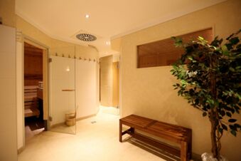 Gem&uuml;tlicher Saunabereich mit Holzb&auml;nken und Pflanze im Hotel-Restaurant-Cafe Friedenseiche, einladend und gepflegt gestaltet.