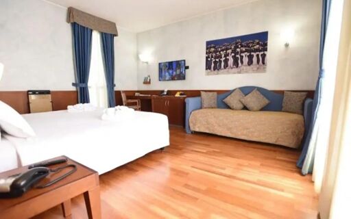 Hotel Raffaello room featuring a bed, sofa with cushions, wooden floor, wall-mounted TV, desk, and blue curtains on the window