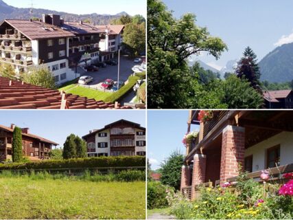 Verschiedene Ansichten des G&auml;stehaus zur F&auml;rbe Ferien-Appartements mit Au&szlig;enfassaden, Garten, Parkpl&auml;tzen und Berglandschaft im Hintergrund.