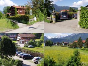 Exterior views of G&auml;stehaus zur F&auml;rbe Ferien-Appartements with parking, greenery, and mountainous landscape in the background
