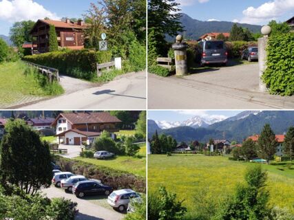 Au&szlig;enansichten und Umgebung des G&auml;stehaus zur F&auml;rbe Ferien-Appartements mit Parkpl&auml;tzen, gr&uuml;nen Wiesen und Bergen im Hintergrund unter klarem Himmel.