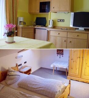 Zwei Bildabschnitte zeigen eine kleine K&uuml;chenzeile mit gelben W&auml;nden und einen ruhigen Schlafbereich im G&auml;stehaus zur F&auml;rbe Ferien-Appartements.