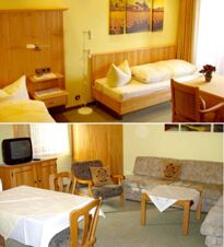 Two image views of G&auml;stehaus zur F&auml;rbe Ferien-Appartements with a bedroom featuring wooden beds and a sitting area with a table and couch