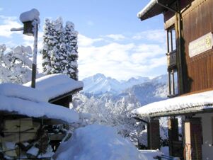 Snow-covered roofs and trees with a mountain range in the background near the G&auml;stehaus zur F&auml;rbe Ferien-Appartements