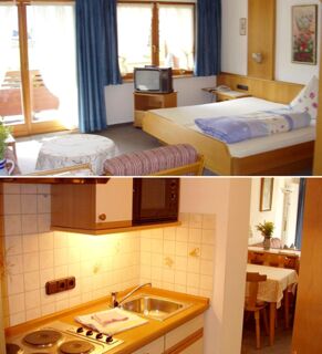 Zwei Ansichten einer Ferienwohnung mit Schlafzimmer und K&uuml;che im G&auml;stehaus zur F&auml;rbe Ferien-Appartements, gem&uuml;tlich und praktisch eingerichtet.